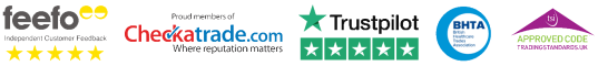 Feefo Logo, Check a trade logo, Trustpilot logo, BHTA Logo and Trading Standard Approved Logo